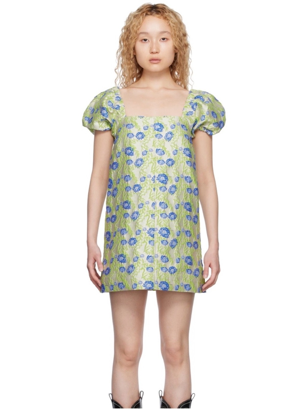 Ganni Lime Green and Blue Floral Puff-Sleeve Mini Dress